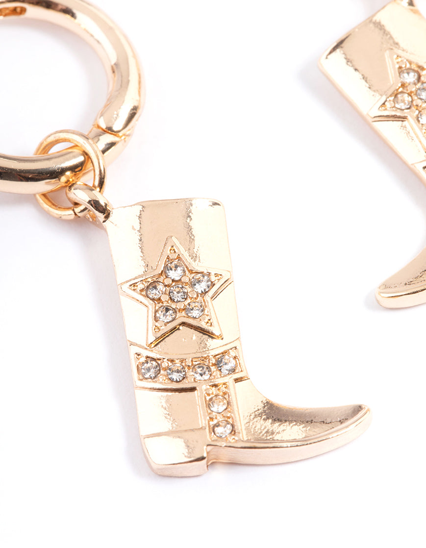 Gold Diamante Cowboy Boot Earrings