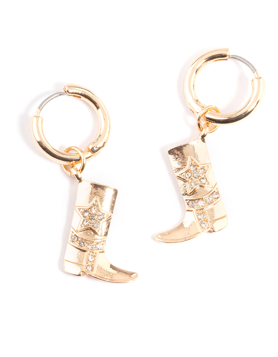 Gold Diamante Cowboy Boot Earrings