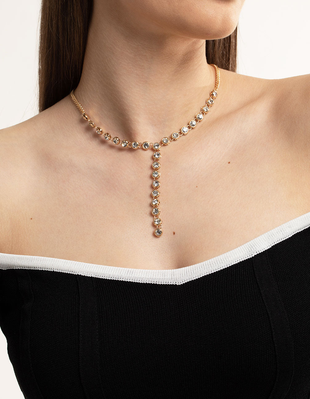 Gold Circle Diamante Chain Y-Necklace