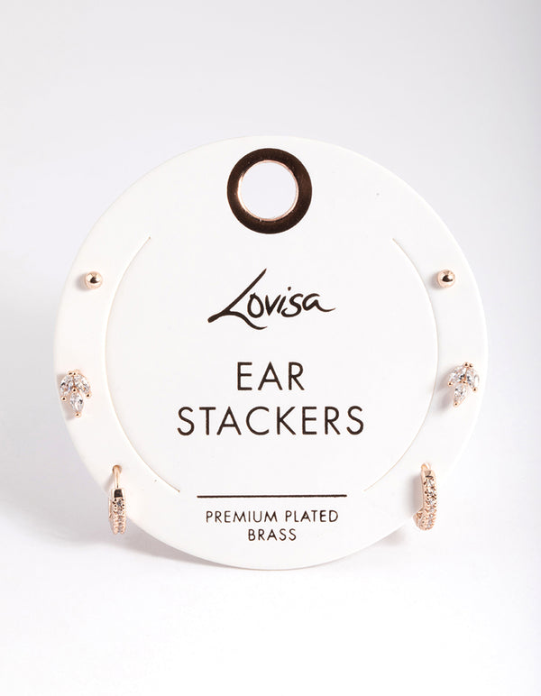 Rose Gold Plated Brass Cubic Zirconia Leaf Earrings 6-Pack