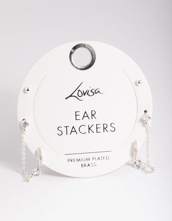 Silver Plated Brass Cubic Zirconia Pave Huggie Chain Earrings 6-Pack