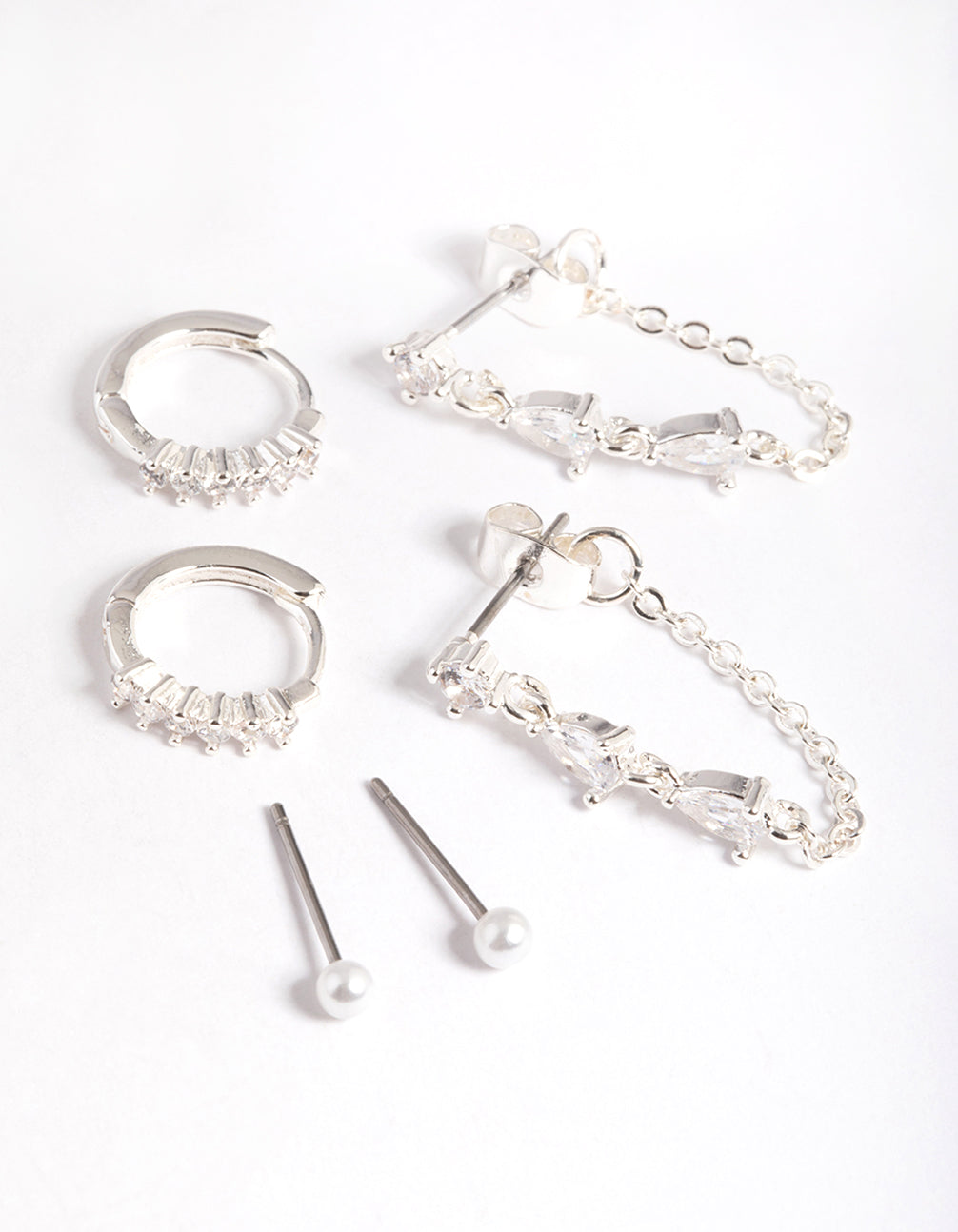 Silver Plated Brass Cubic Zirconia Pear Chain Earring 6-Pack