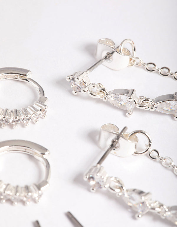 Silver Plated Brass Cubic Zirconia Pear Chain Earring 6-Pack