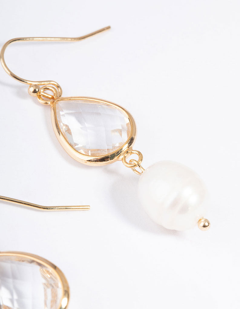 Gold Plated Clear & Freshwater Pearl Drop Earrings