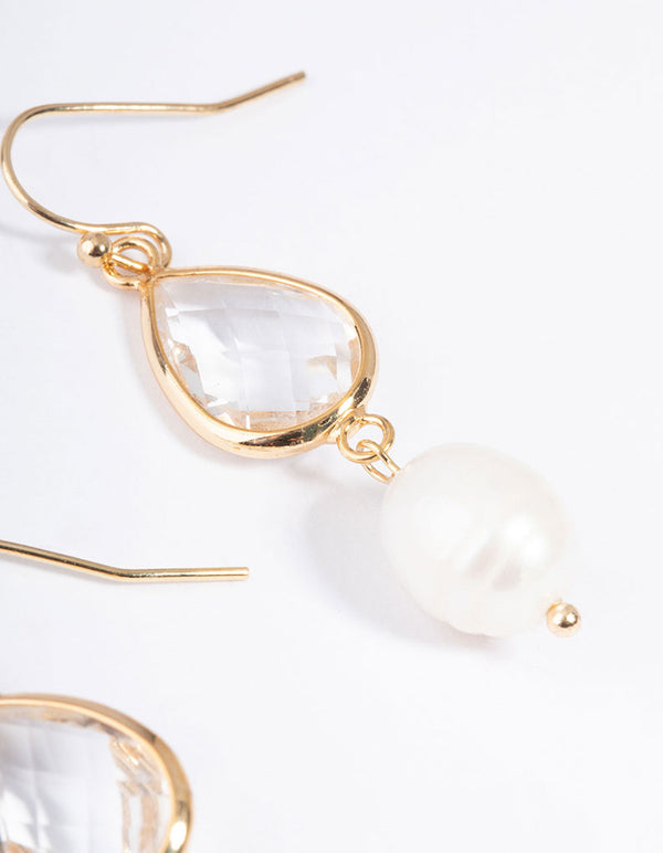 Gold Plated Clear & Freshwater Pearl Drop Earrings