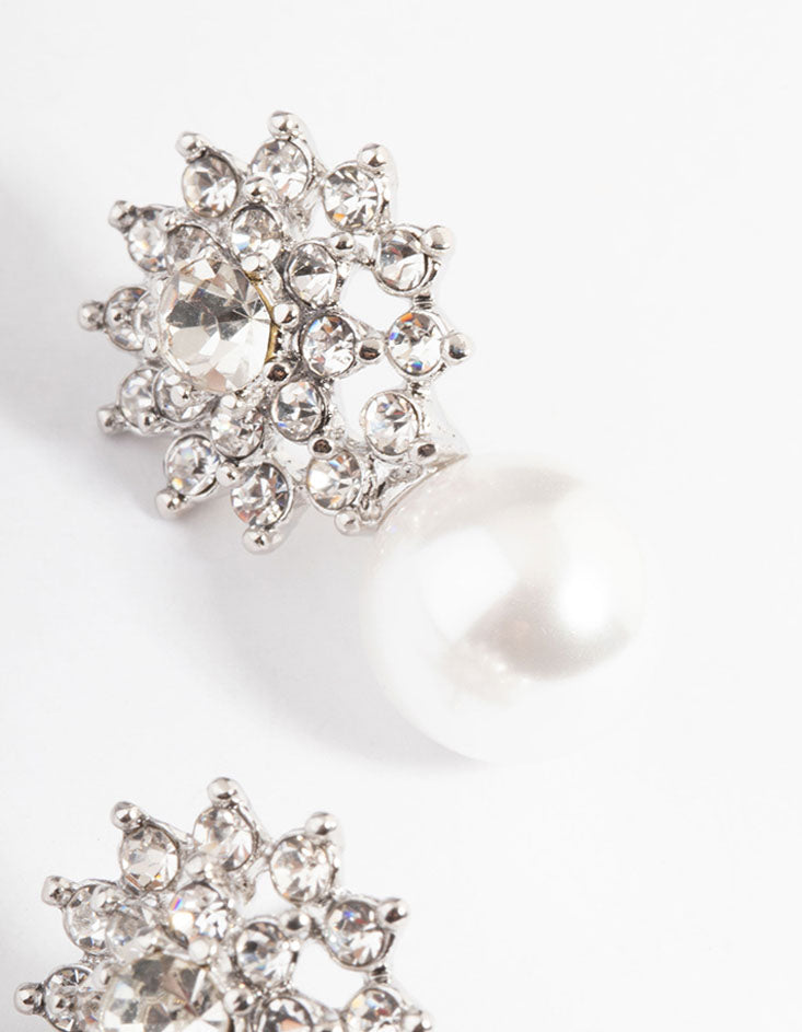 Silver Diamante Swirl Pearl Stud Earrings