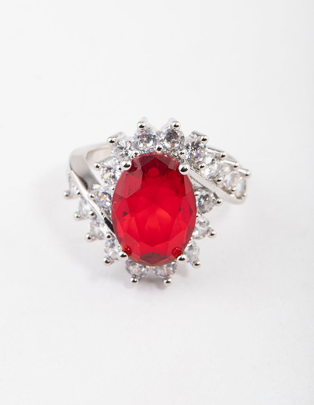Silver Cubic Zirconia Vintage Red Oval Ring