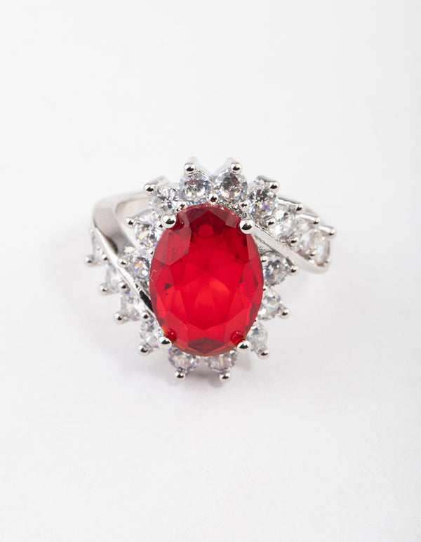Silver Cubic Zirconia Vintage Red Oval Ring