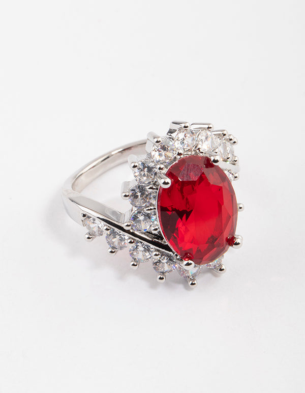 Silver Cubic Zirconia Vintage Red Oval Ring