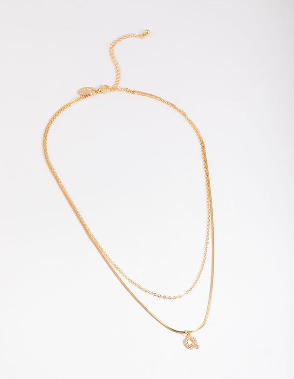 Letter Q Gold Plated Layered Diamante Initial Necklace