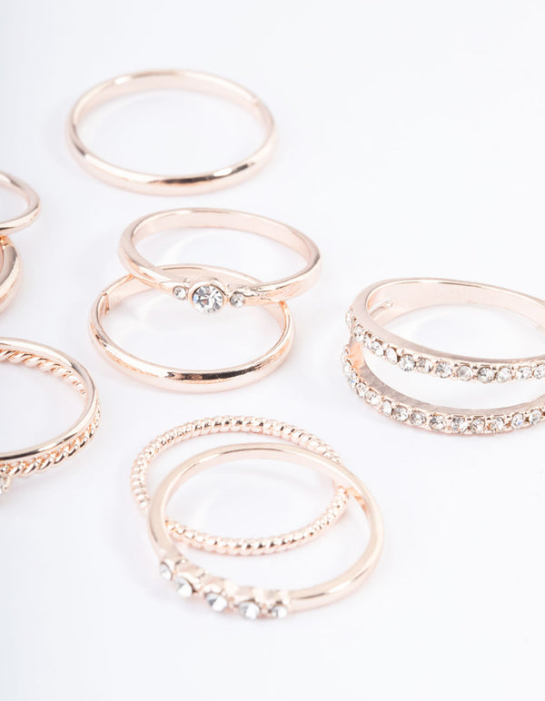 Rose Gold Mixed Diamante Band Ring Pack
