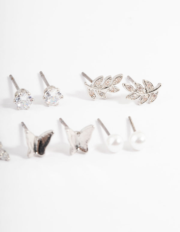 Silver Cubic Zirconia Butterfly Leaf Earring 6-Pack