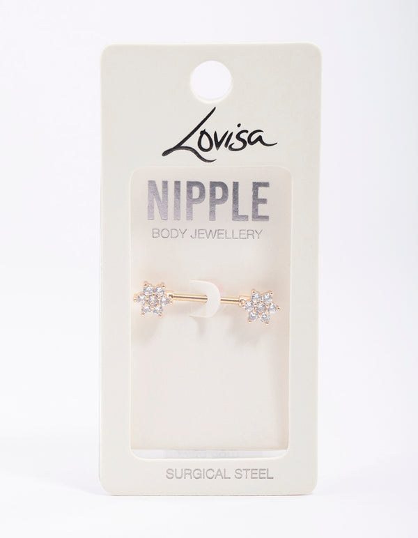 Gold Plated Surgical Steel Cubic Zirconia Flower Nipple Bar