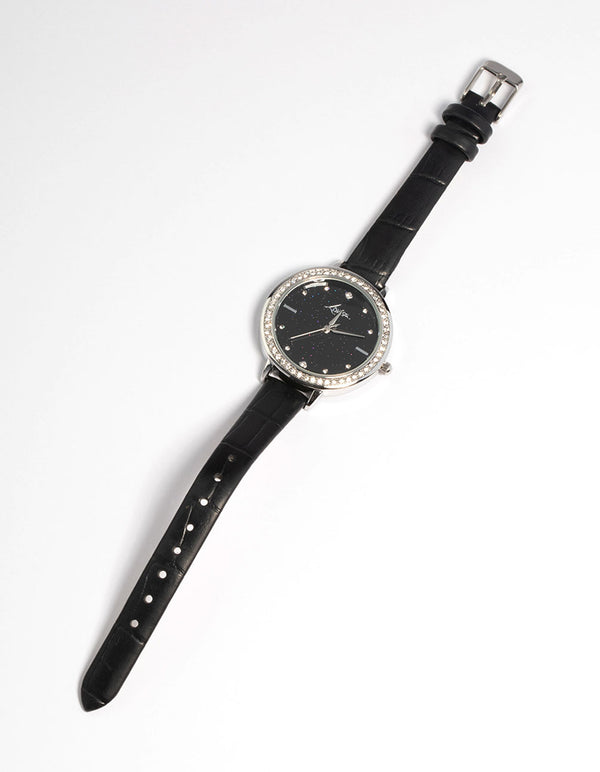 Silver Astrology Diamante Faux Leather Watch