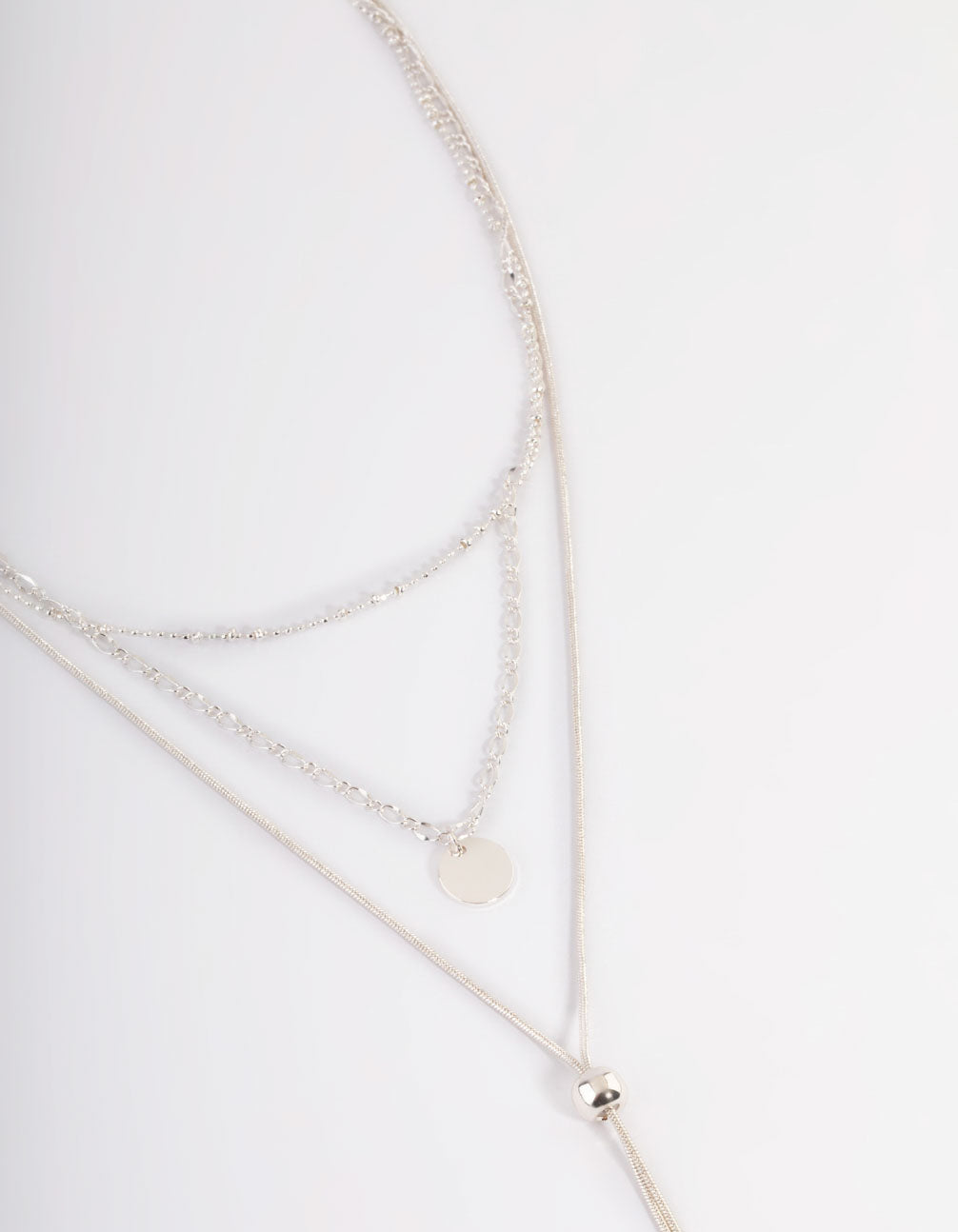 Silver Mixed Disc Pendant Y Layered Necklace