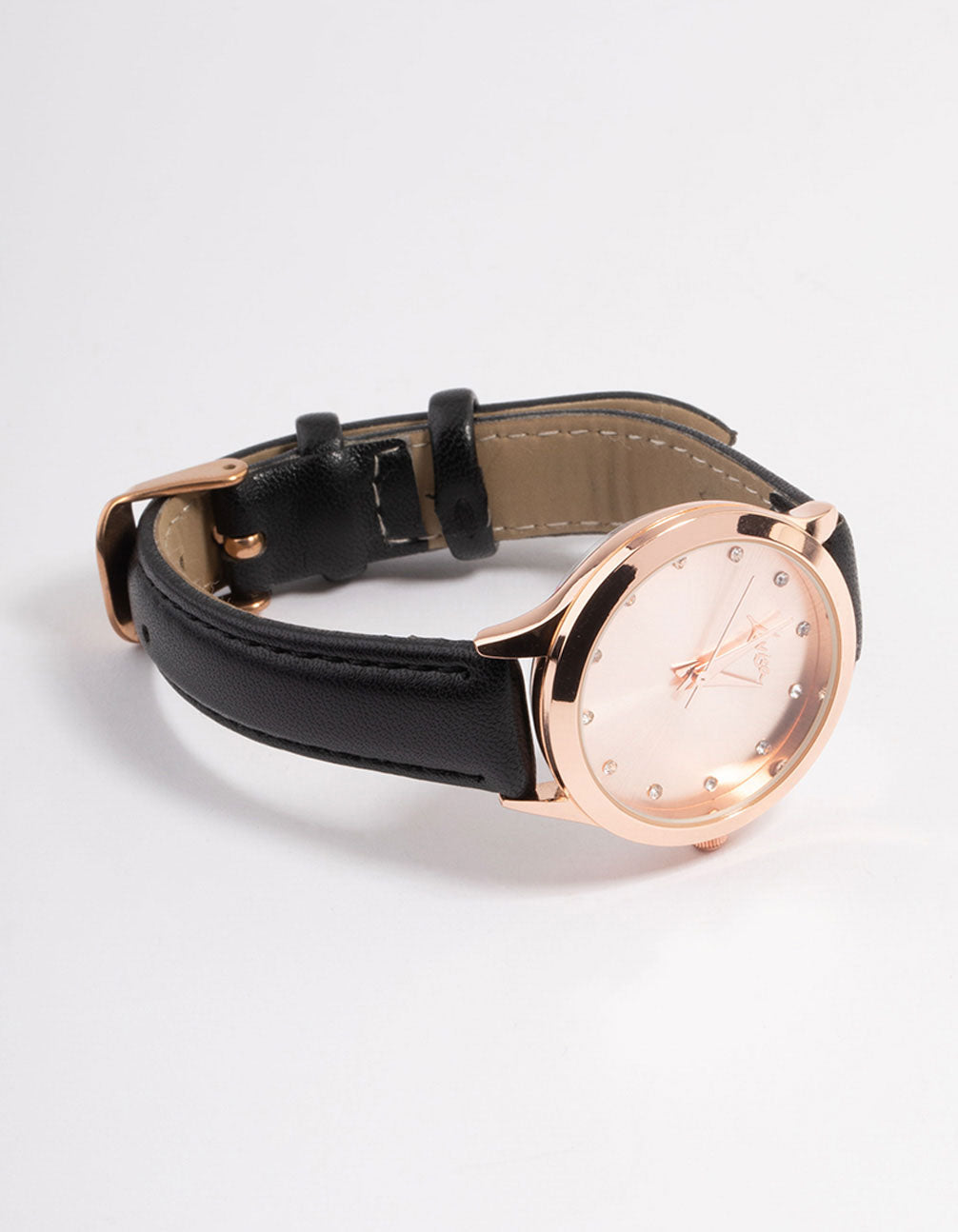 Rose Gold Diamante Black Leather Watch