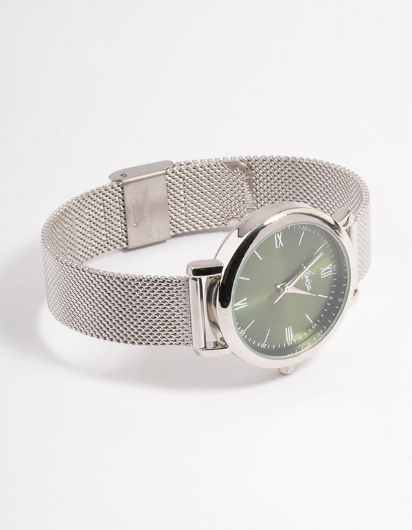 Silver Green Simple Medium Mesh Watch
