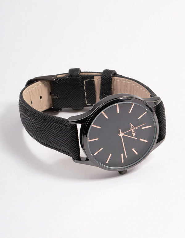 Rose Gold Texture Black Leather Basic Watch