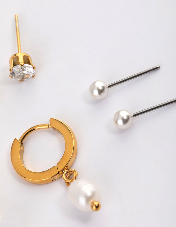 Waterproof Gold Plated Stainless Steel Cubic Zirconia Pearl Drop Huggie Earrings Pack