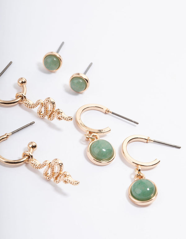 Gold Green Aventurine Snake Stack Earring Pack