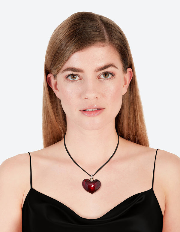 Large Red Puffy Heart Suede Cord Necklace