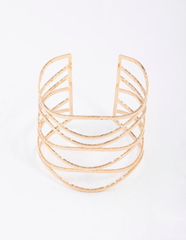 Gold Large Wavy Hammered Cuff Bangle