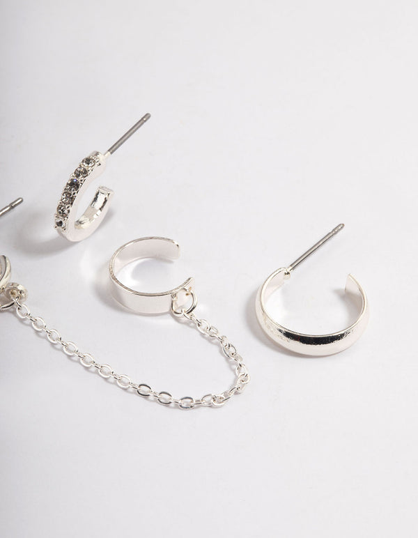 Silver Double Cuff Simple Stack Earrings