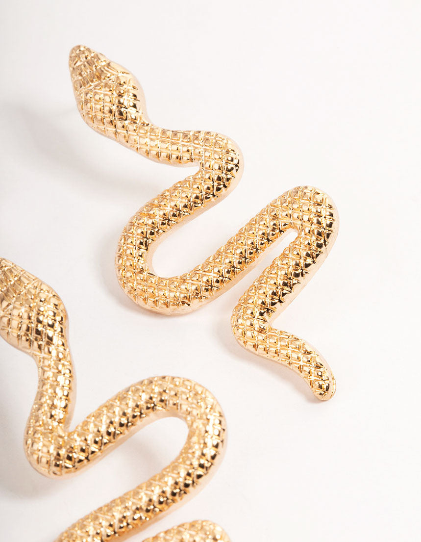 Gold Curved Snake Drop Earrings
