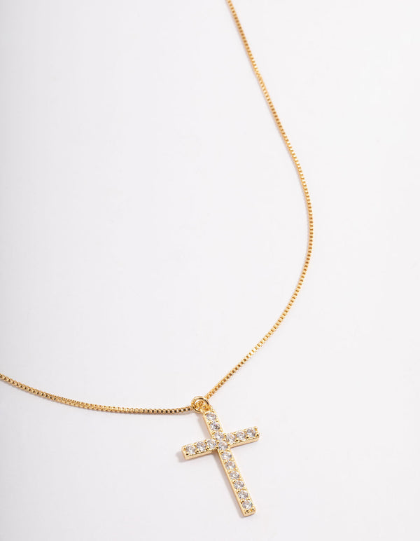 Gold Plated Diamante Cross Fine Chain Necklace