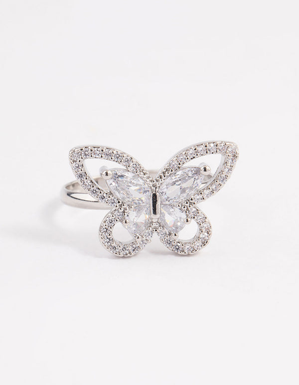 Rhodium Sparkling Butterfly Cocktail Ring