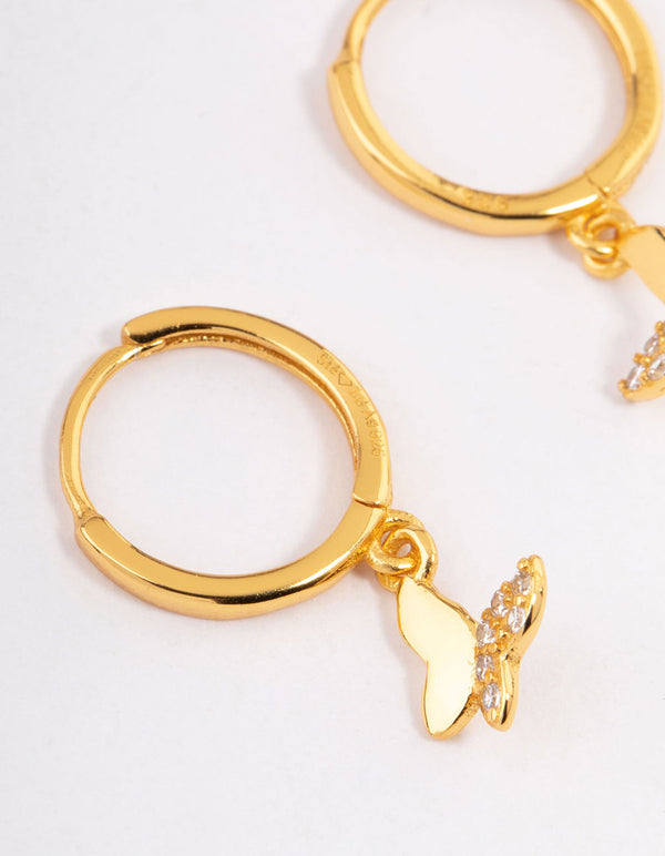 Gold Plated Sterling Silver Diamante Butterfly Huggie Earrings