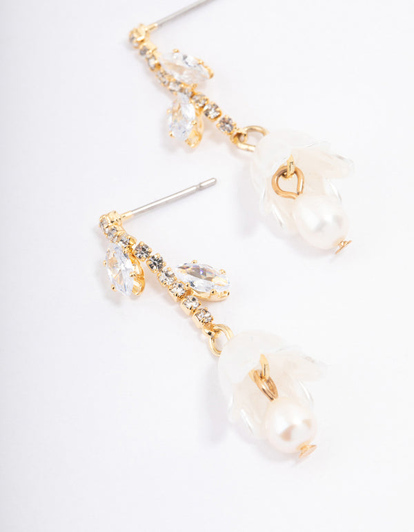 Gold Plated Freshwater Pearl Cubic Zirconia Tulip Drop Earrings