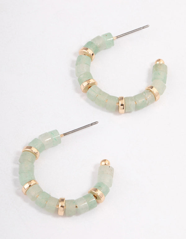 Gold Green Aventurine Mixed Disc Beaded Hoop Earrings