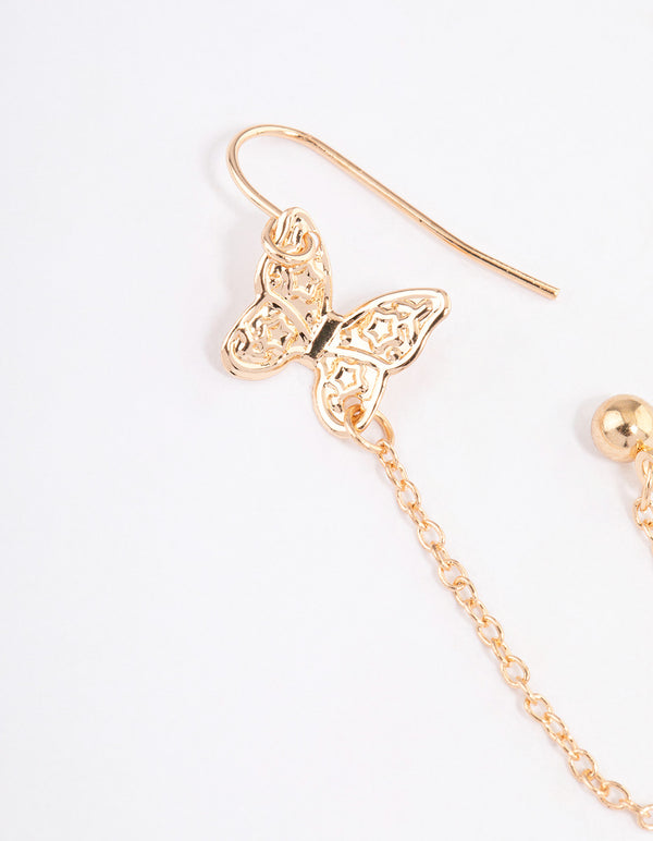 Gold Butterfly Drop Chain Earrings