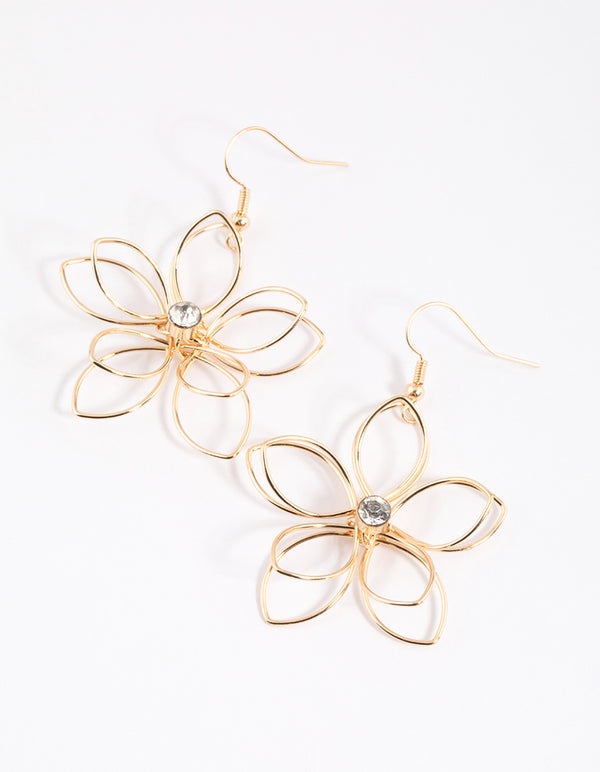 Gold Diamante Wire Flower Drop Earrings
