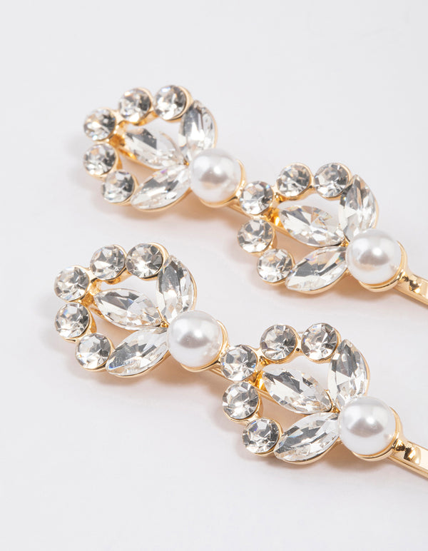 Gold Diamante & Pearl Hair Clips Pack