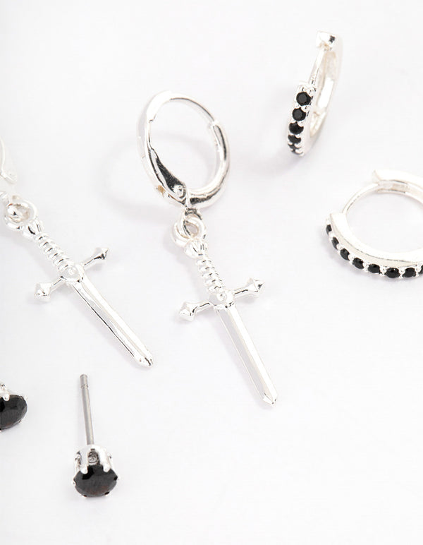 Silver Plated Brass Cubic Zirconia Dagger Huggie Earrings Pack