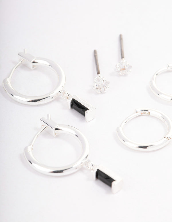 Silver Plated Brass Cubic Zirconia Huggie Earrings Pack