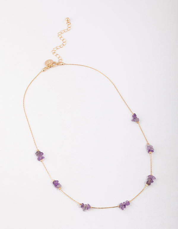 Gold Amethyst Mini Station Dainty Necklace