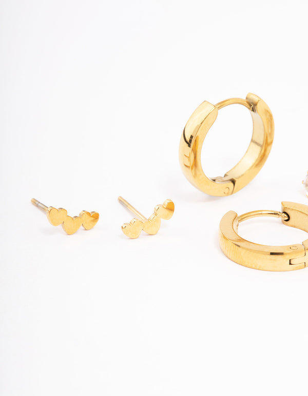 Waterproof Gold Plated Stainless Steel Stamp Heart Cubic Zirconia Earrings Pack