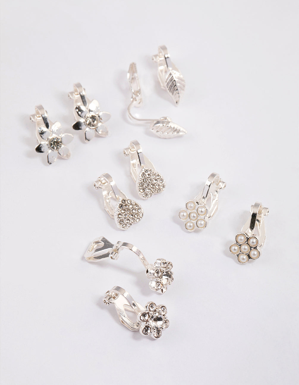 Silver Paved Heart Flower Clip On Earrings 5-Pack