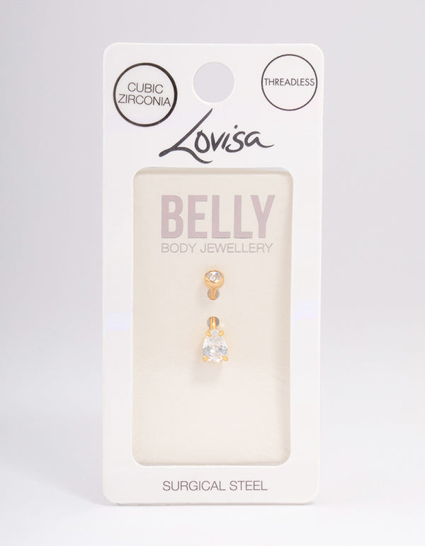Gold Plated Surgical Steel Cubic Zirconia Bezel & Pear Belly Ring
