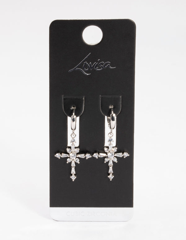 Silver Cubic Zirconia Decorated Cross Drop Earrings