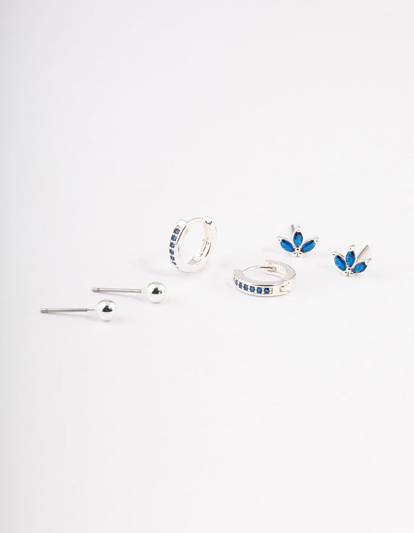 Silver Plated Brass Cubic Zirconia Marquise Stud & Huggie Earrings Pack