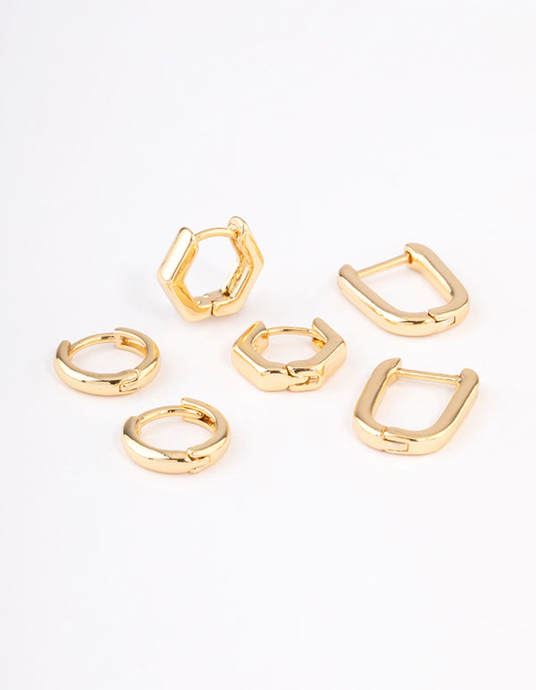 Gold Plated Brass Hexagon Hoop Earrings Pack