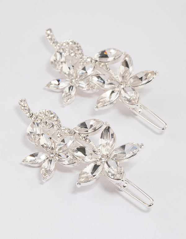 Silver Flower Leaf Diamante Hair Clips Pack
