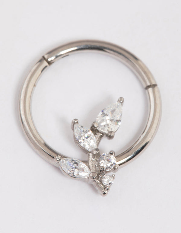 Surgical Steel Cubic Zirconia Leaf Detail Clicker Ring