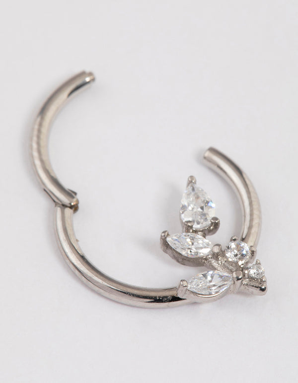 Surgical Steel Cubic Zirconia Leaf Detail Clicker Ring