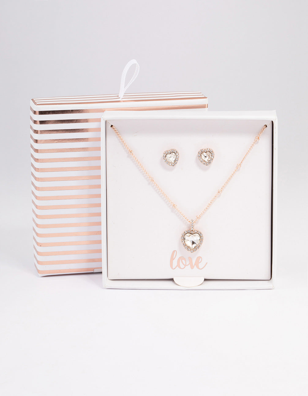Rose Gold Heart Halo Necklace & Stud Earrings Set