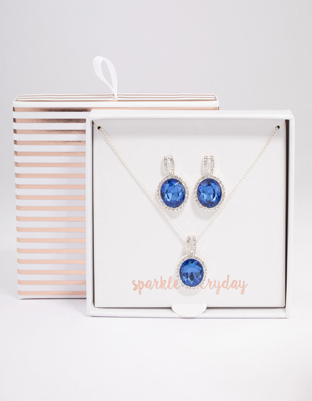 Silver Oval Blue Halo Necklace & Stud Earrings Jewellery Set